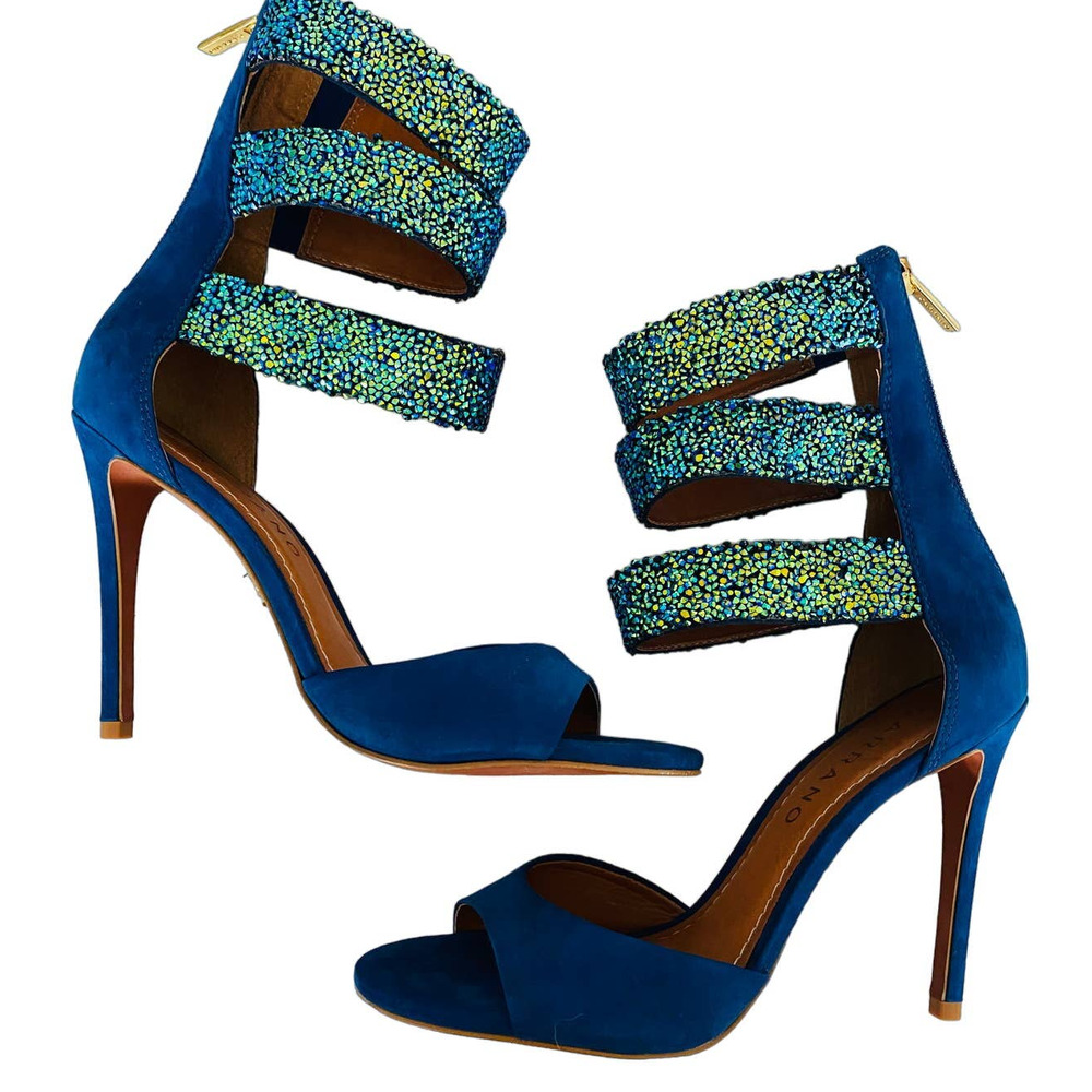 Blue Strappy Crystal-Embellished High Heel Sandals